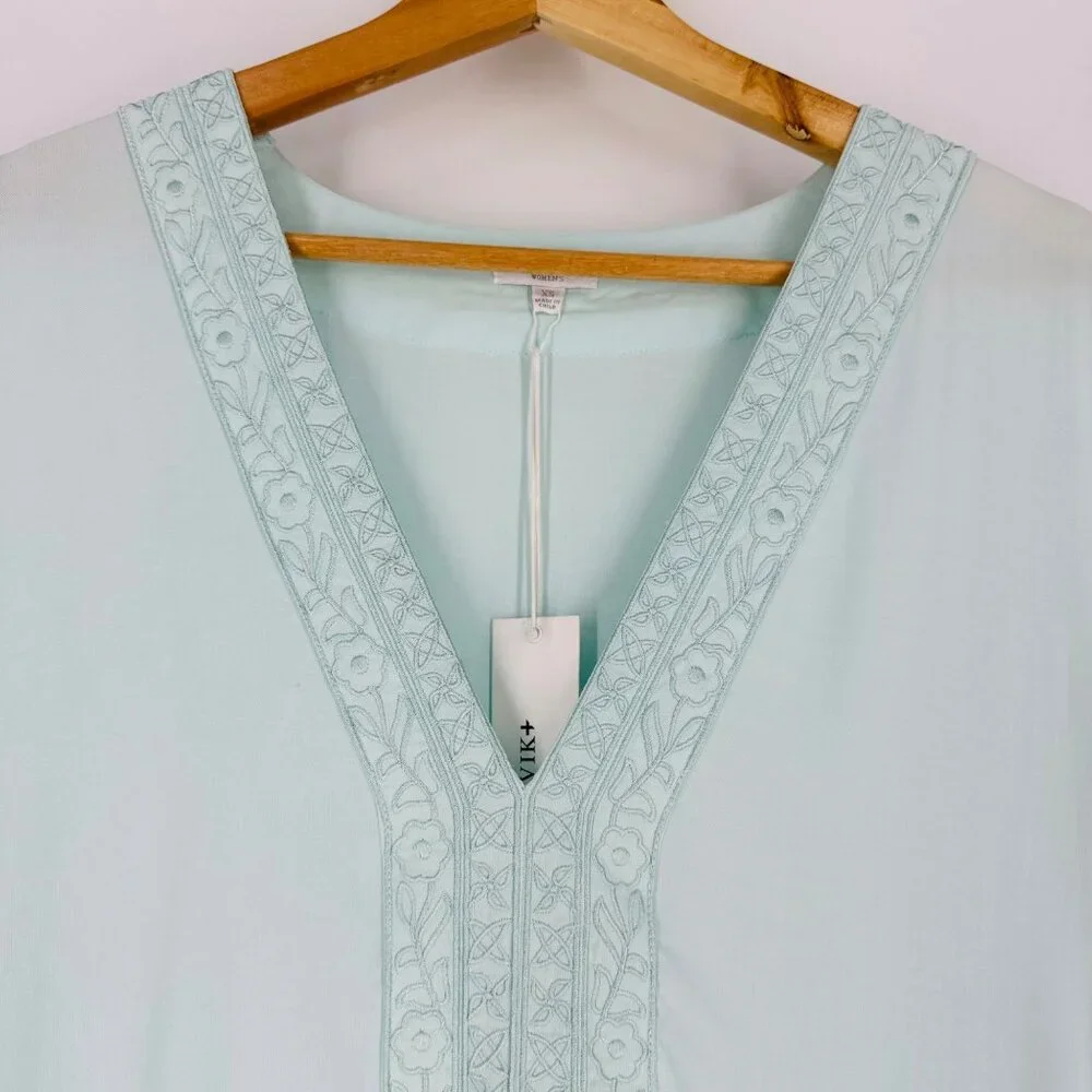 Tavik Aqua Blue Floral Embroidered V-Neck 3/4 Sleeve Split Hem Beachy Tunic XS - Picture 3 of 8